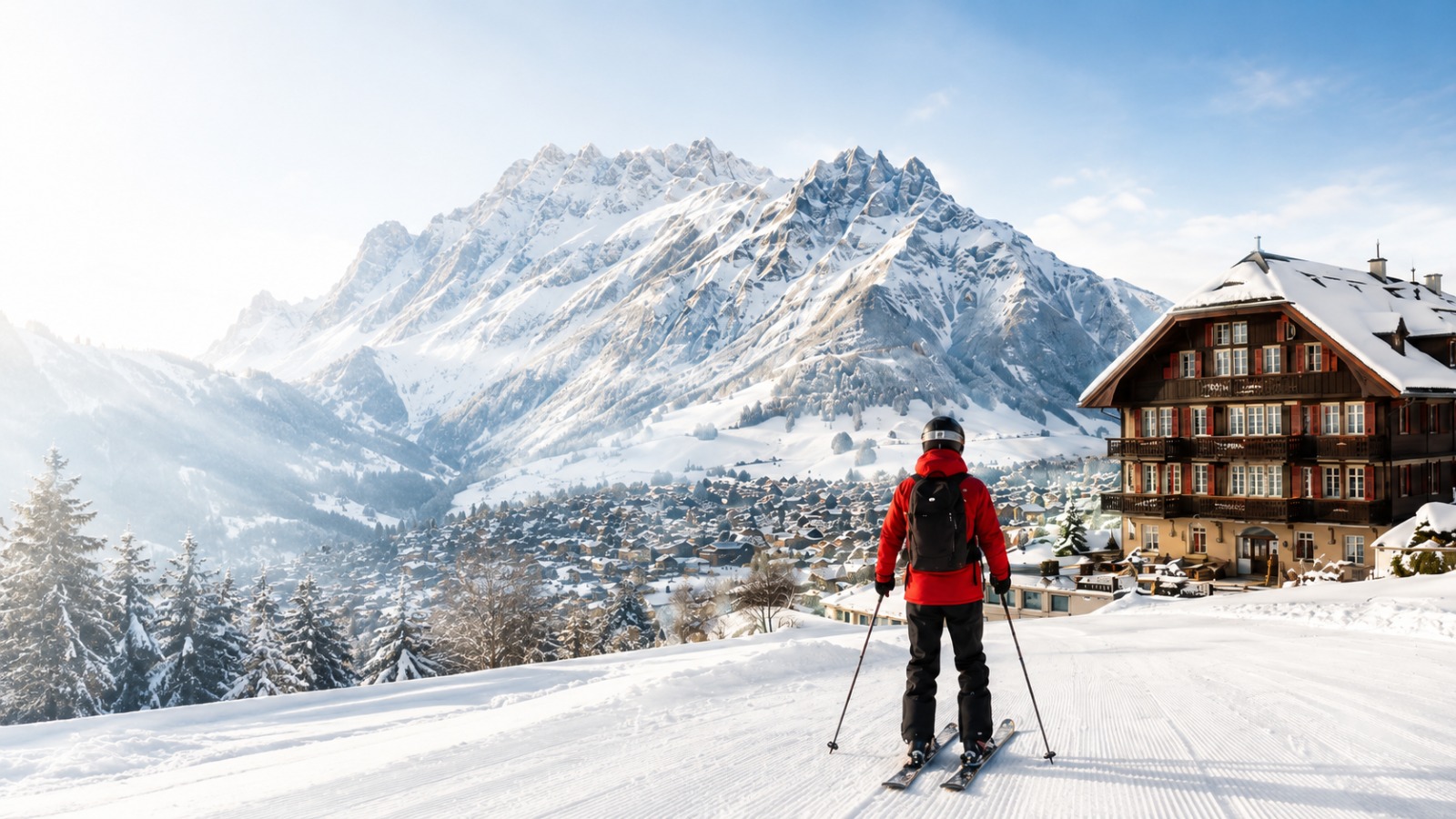 Skier standing above Hotel Rebstock in Meiringen with snow-capped mountains